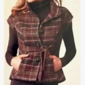 Cabi wool blend sleeveless academia button front tie plaid small jacket